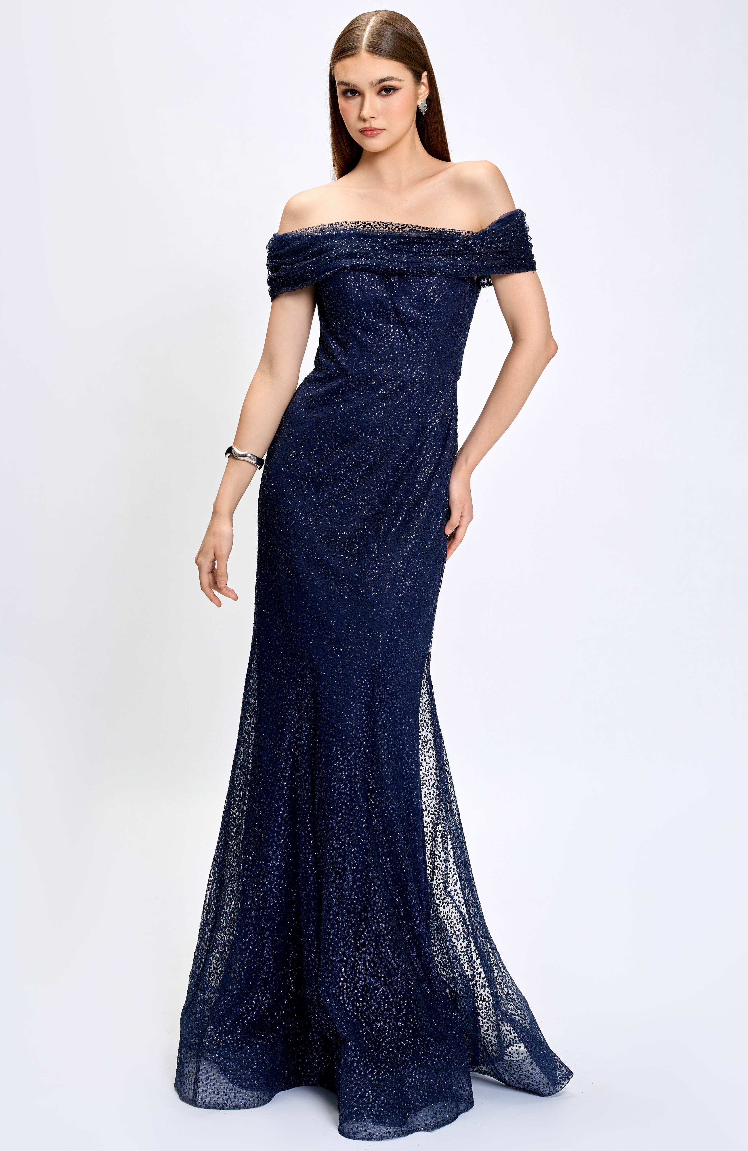 Bariano Alianna Off Shoulder Glitter Gown in Navy 