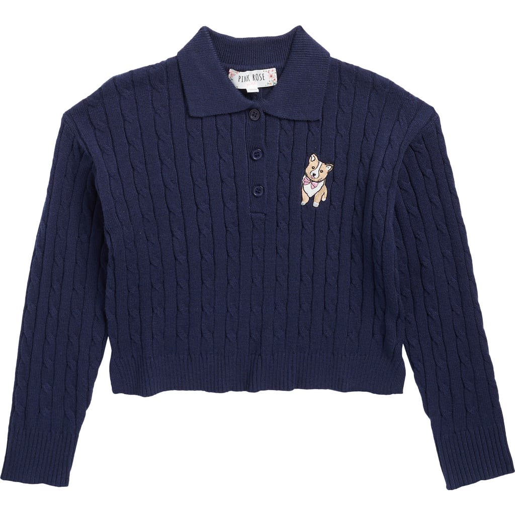Pink Rose Kids' Cable Knit Polo Sweater In Blue