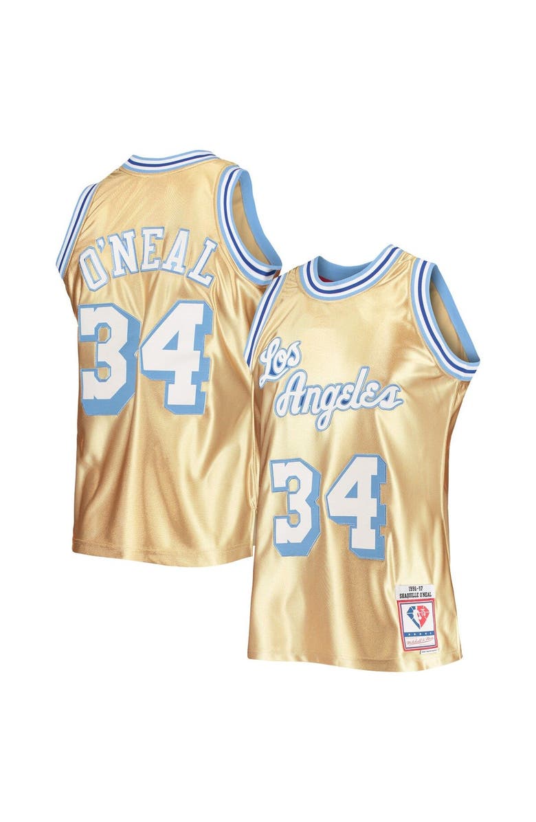 Mitchell & Ness Men's Mitchell & Ness Shaquille O'Neal Gold Los Angeles Lakers 75th Anniversary 1996/97 Hardwood Classics Swingman Jersey, Main, color,