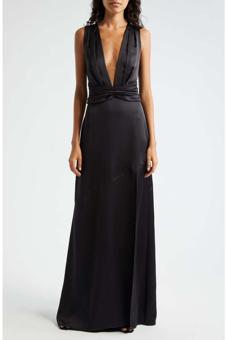 Ameera Plunge Neck Satin Gown, Main, color, BLACK