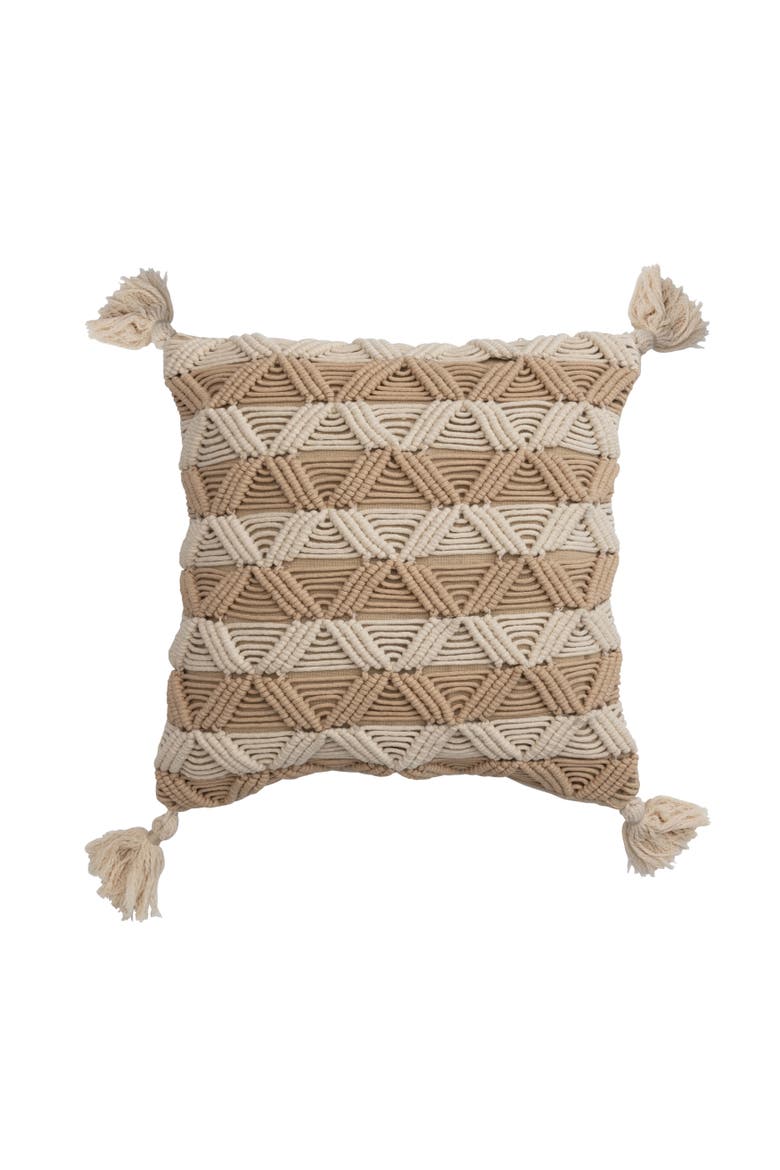 Bloomingville Hand-Woven Cotton Macrame Pillow with Stripes and Tassels, Brown and Cream, Main, color, Tan