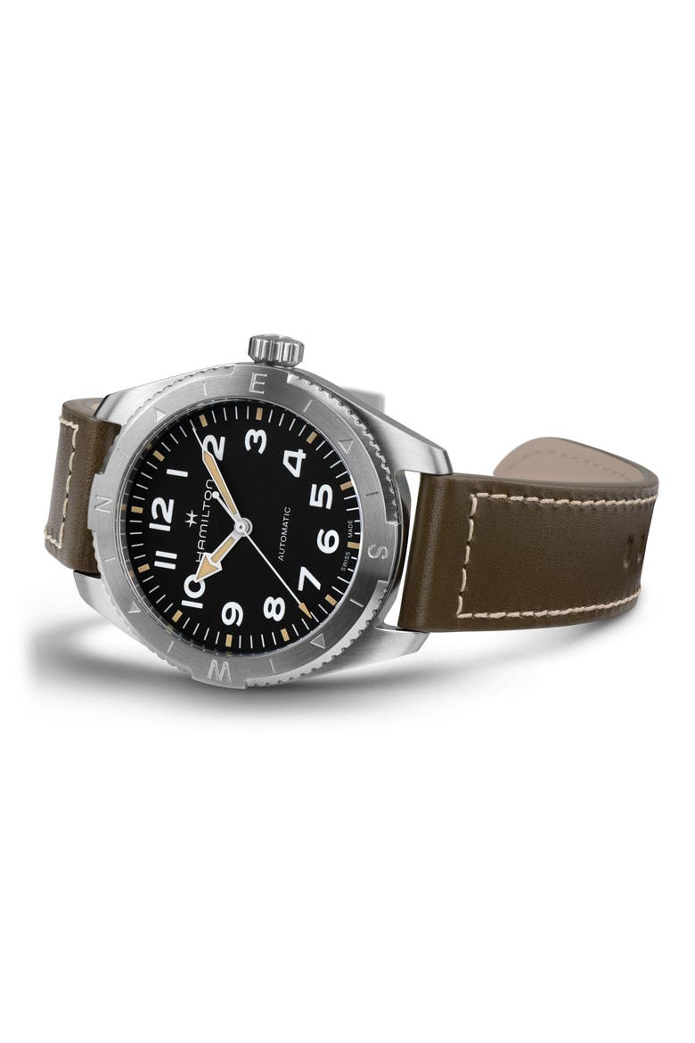 Khaki Field Expedition Automatic Leather Strap Watch, 41mm, Alternate, color, BLACK