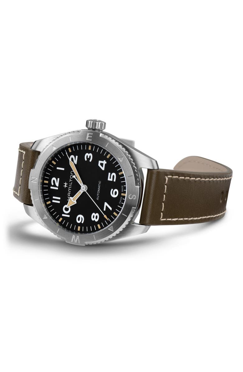 Hamilton Khaki Field Expedition Automatic Leather Strap Watch, 41mm, Alternate, color, Black
