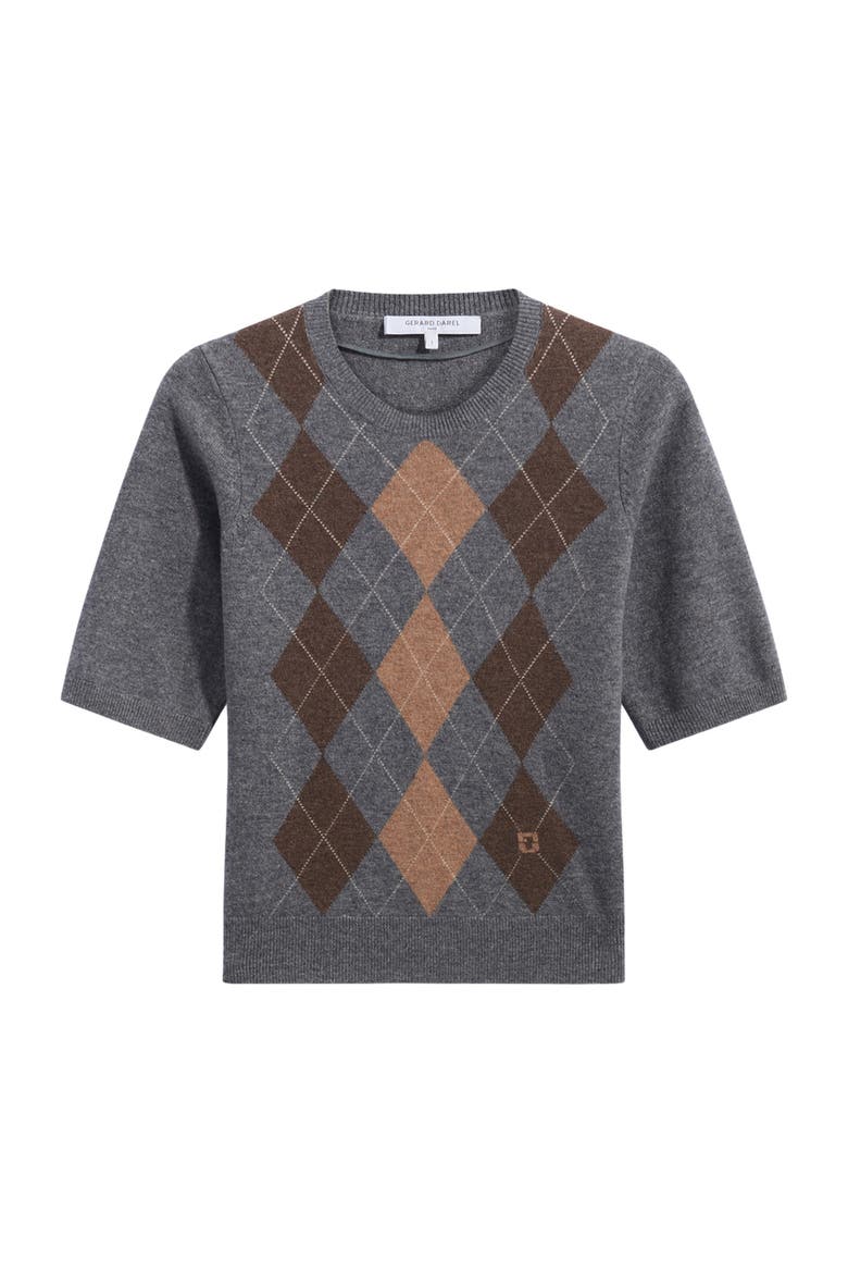 Rema Short Sleeve Argyle Knit Sweater, Alternate, color, Heather Grey