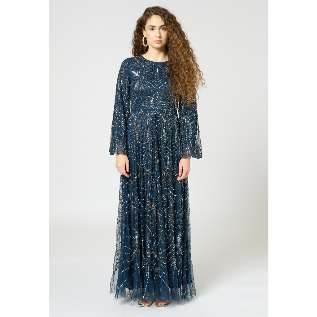MARYISA MARYISA OCCASION MODEST EMBELLISHED SEQUIN BEADED FLORAL LONG SLEEVES EVENING MAXI DRESS