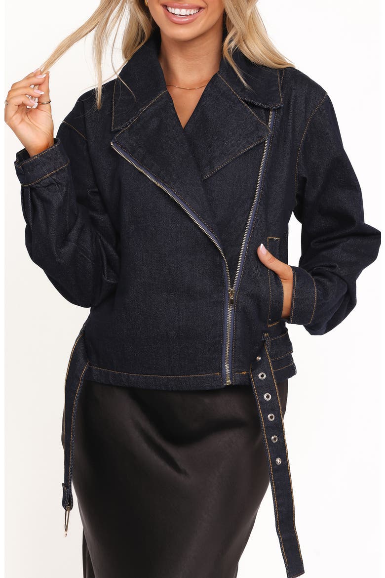 Mira Denim Moto Jacket, Main, color, DARK INDIGO