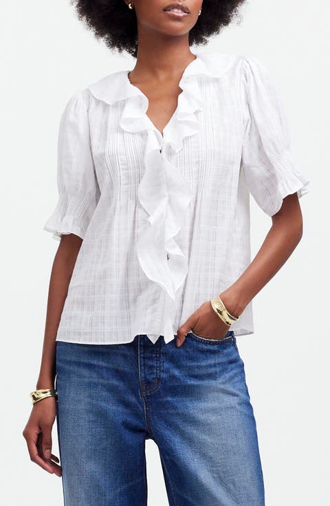 Windowpane Plaid Ruffle Puff Sleeve Top