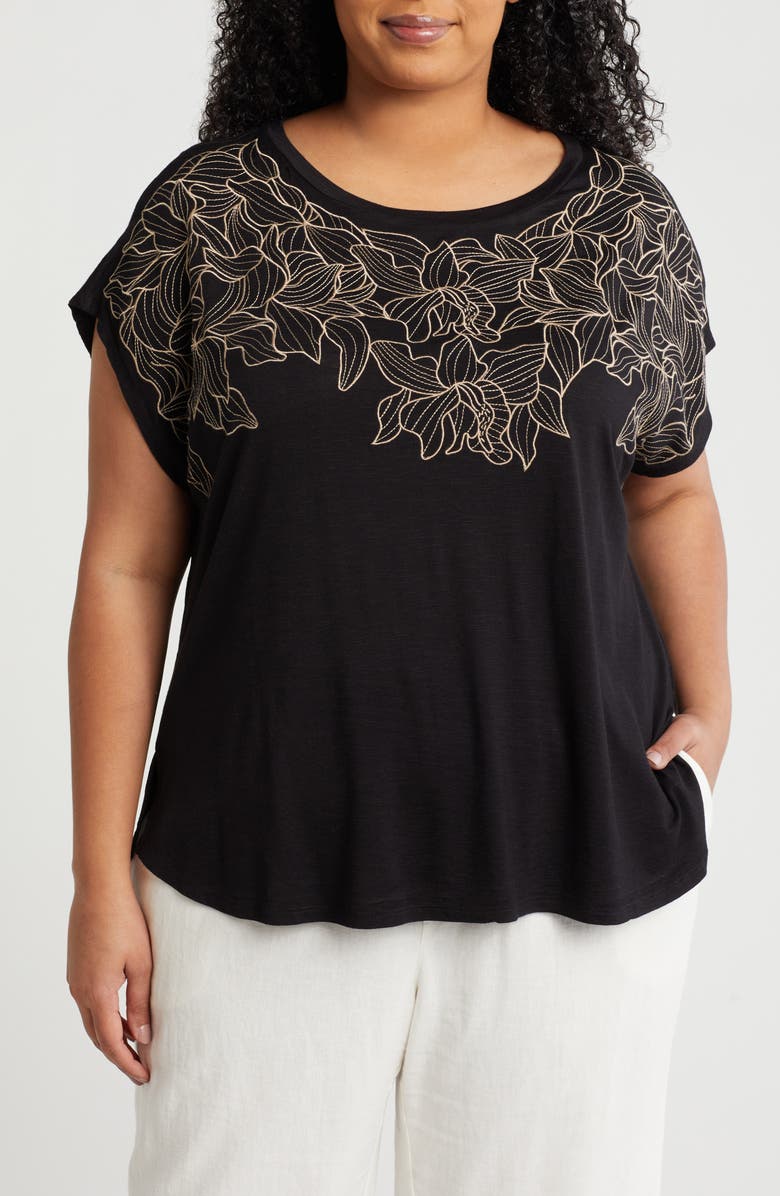 Adrianna Papell Floral Embroidered Shirt, Main, color, Black