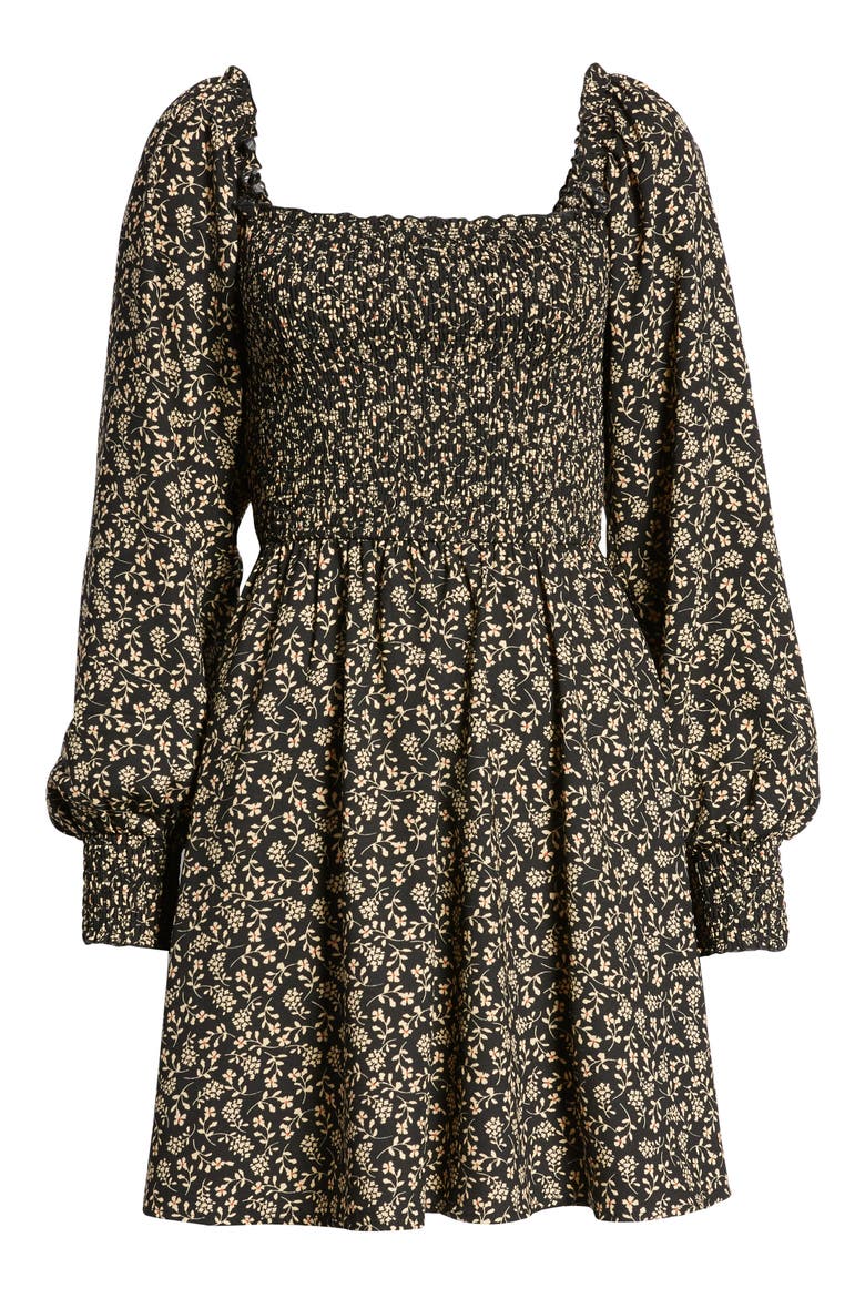 Smocked Bodice Long Sleeve Minidress, Alternate, color, BLACK FLORAL