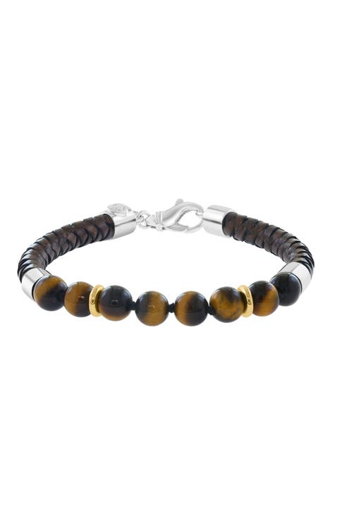 Tiger Eye Beaded Leather Bracelet in Sterling Silver