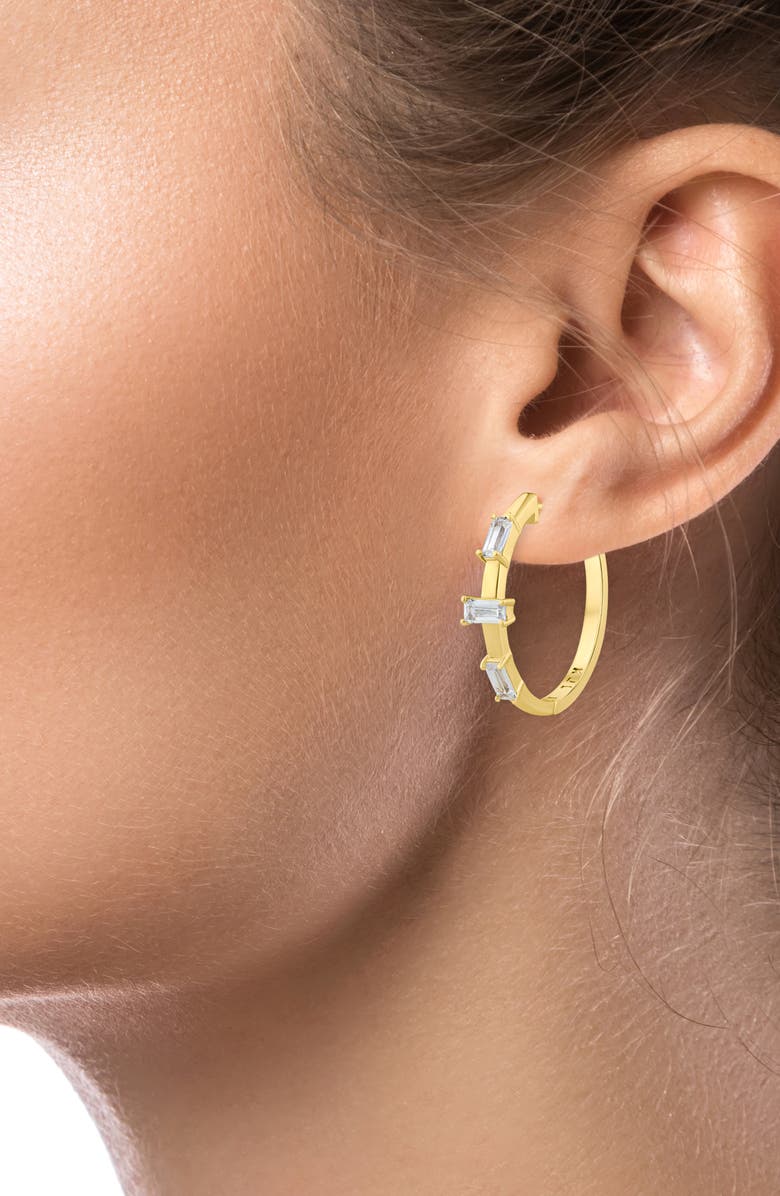 CZ by Kenneth Jay Lane Baguette Cubic Zirconia 3-Stone Hoop Earrings, Alternate, color, Gold