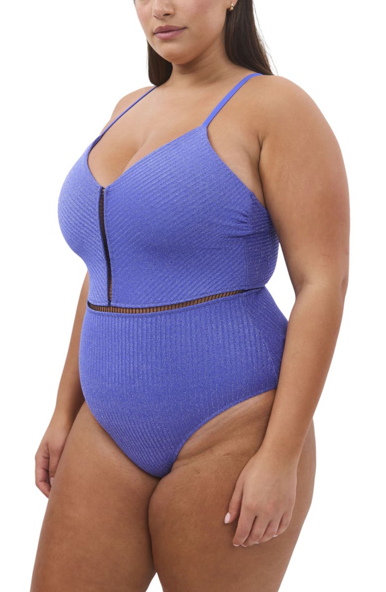 Biliblond Kim Rib Lurex Plus Size Onepiece Swimsuit, Alternate, color, Blue Rib Lurex