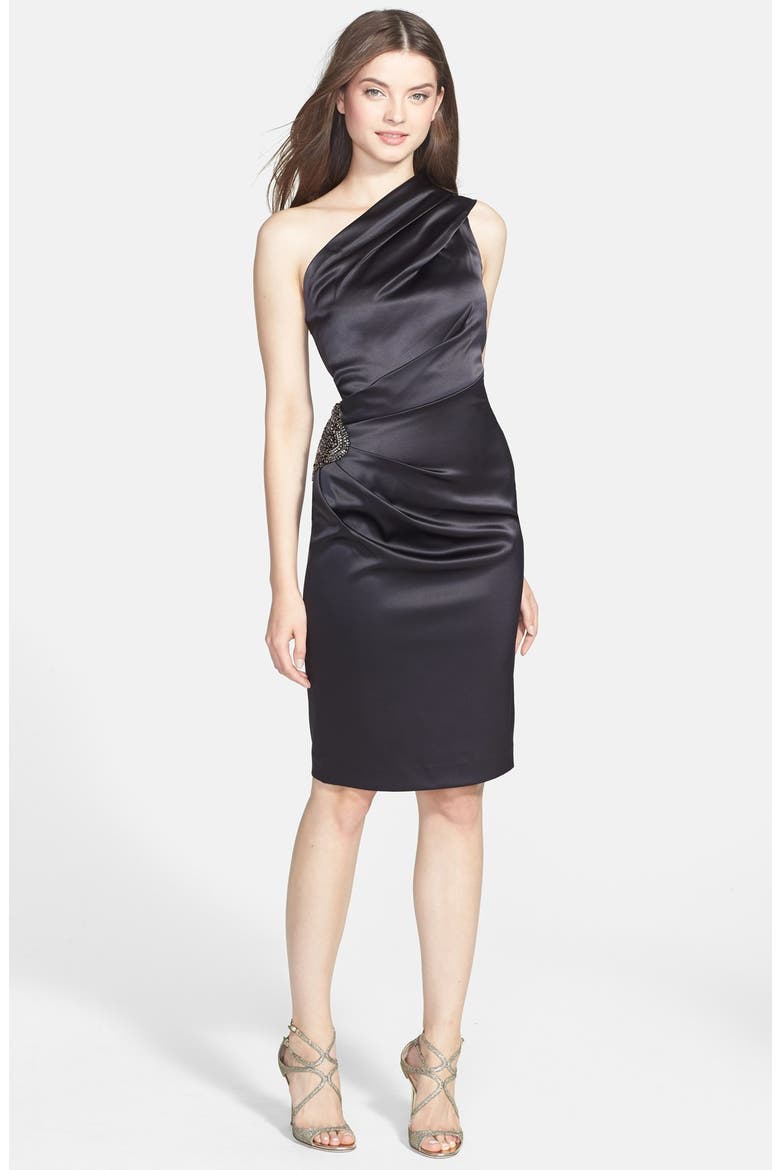 Beaded One-Shoulder Satin Dress, Main, color, BLACK