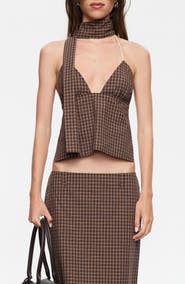 LIONESS Play On Plaid Halter Top with Neck Scarf