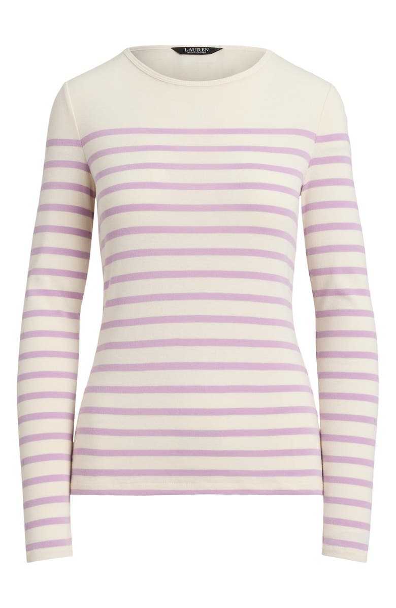 Lauren Ralph Lauren Stripe Long Sleeve Cotton Top, Alternate, color, Masc Cream/ Lavender Frost