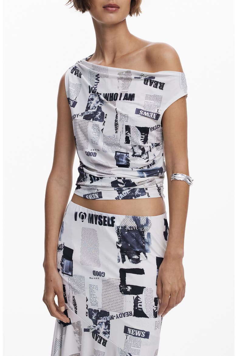 Newspaper Print One-Shoulder Top, Main, color, WHITE