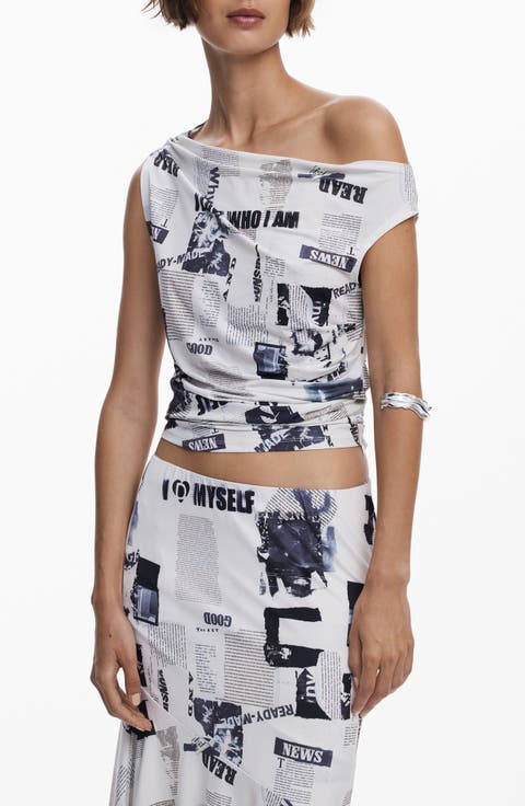 Newspaper Print One-Shoulder Top