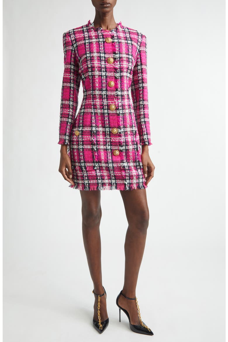 Long Sleeve Fringe Tweed Dress, Main, color, PINK MULTI