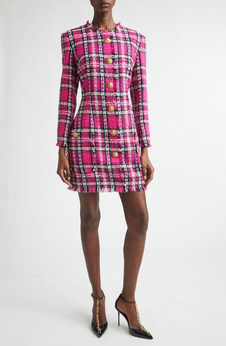 Balmain Long Sleeve Fringe Tweed Dress, Main, color, Pink Multi