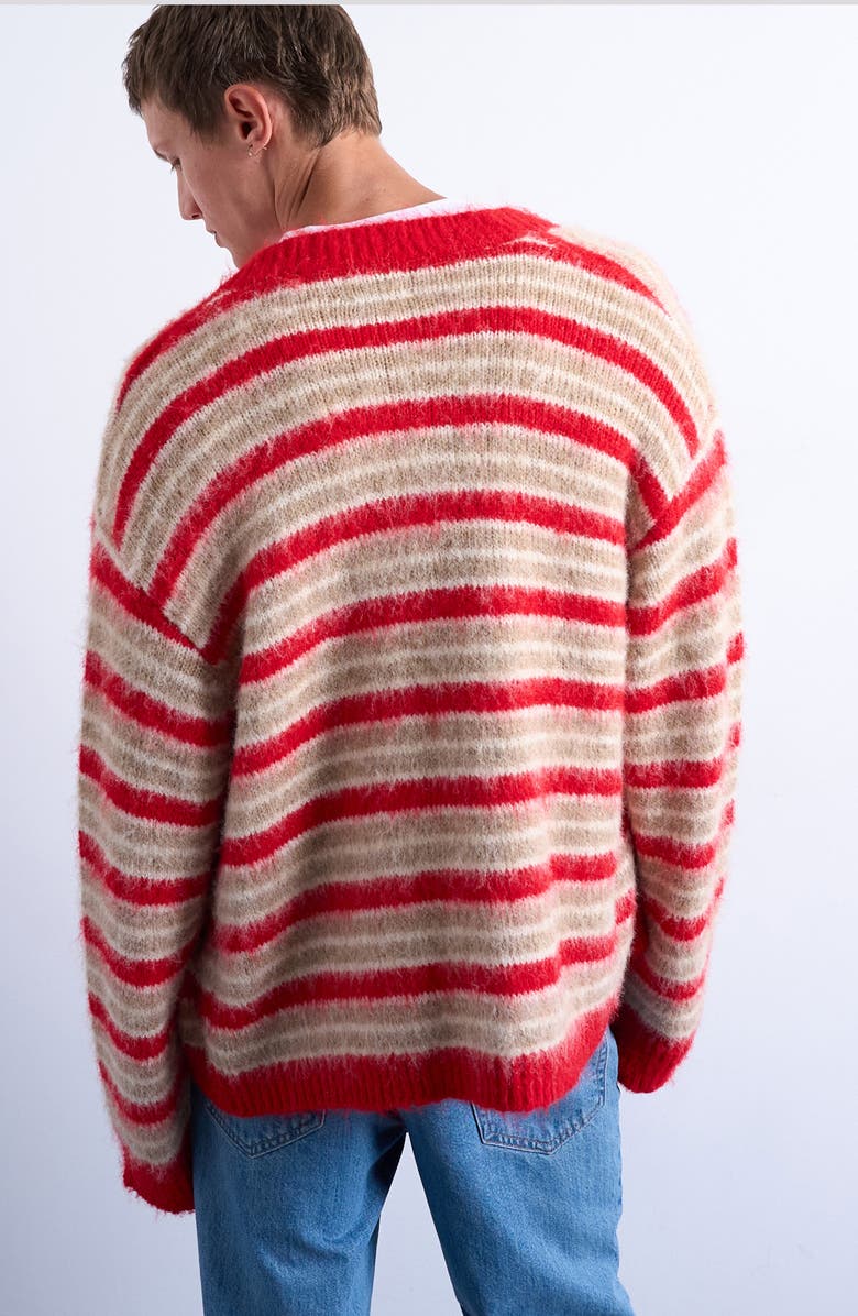 Topman Fluffy Stripe Crewneck Cardigan, Alternate, color, Red