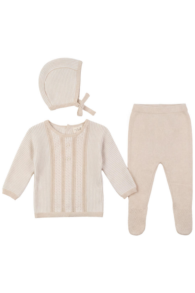 Striped Pointelle Knit Set Long Sleeve Top and Pants with Bonnet, Main, color, Beige