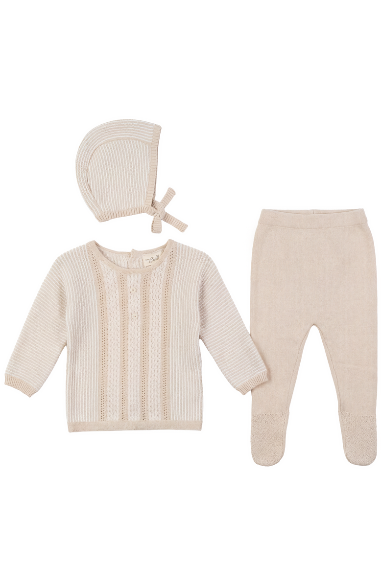 Bebe Bella Striped Pointelle Knit Set Long Sleeve Top and Pants with Bonnet, Main, color, Beige