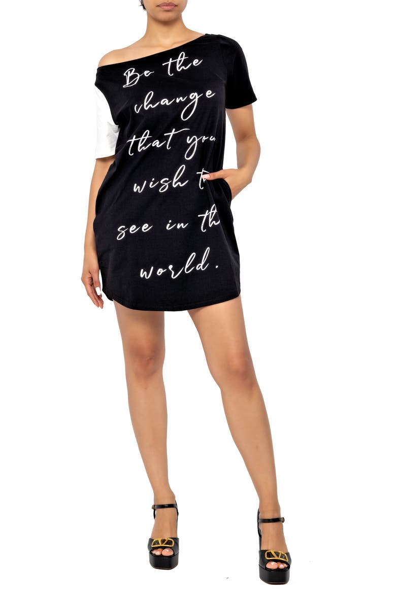 Change Graphic One-Shoulder Cotton Blend T-Shirt Dress, Alternate, color, BLACK