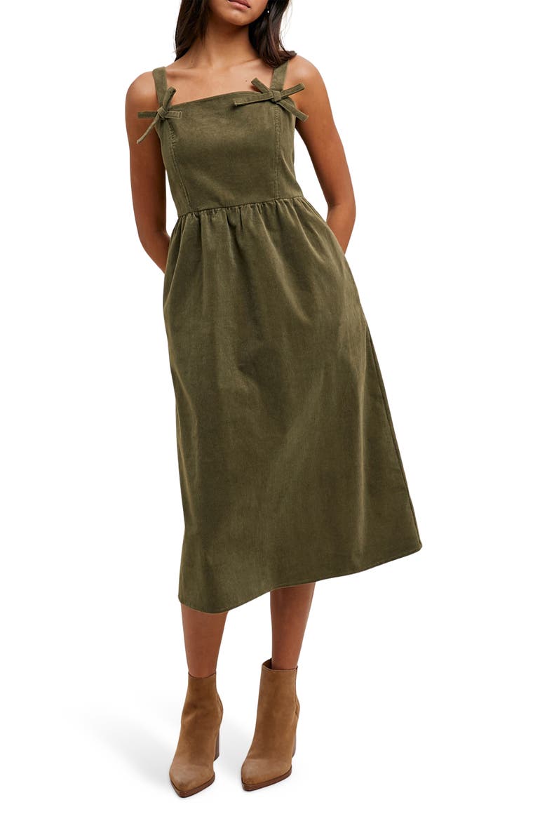Corduroy Bow Strap Overalls Midi Dress, Main, color, OLIVE