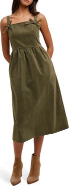 WISHLIST Corduroy Bow Strap Overalls Midi Dress