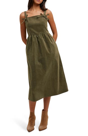 knee length dresses for ladies Corduroy Pockets A-Line Sleeveless Casual Midi Pinafore Dress, Black / Xs main image 1