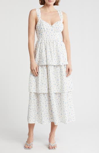 August Sky Tiered Tie Strap Sundress In Blue Multi