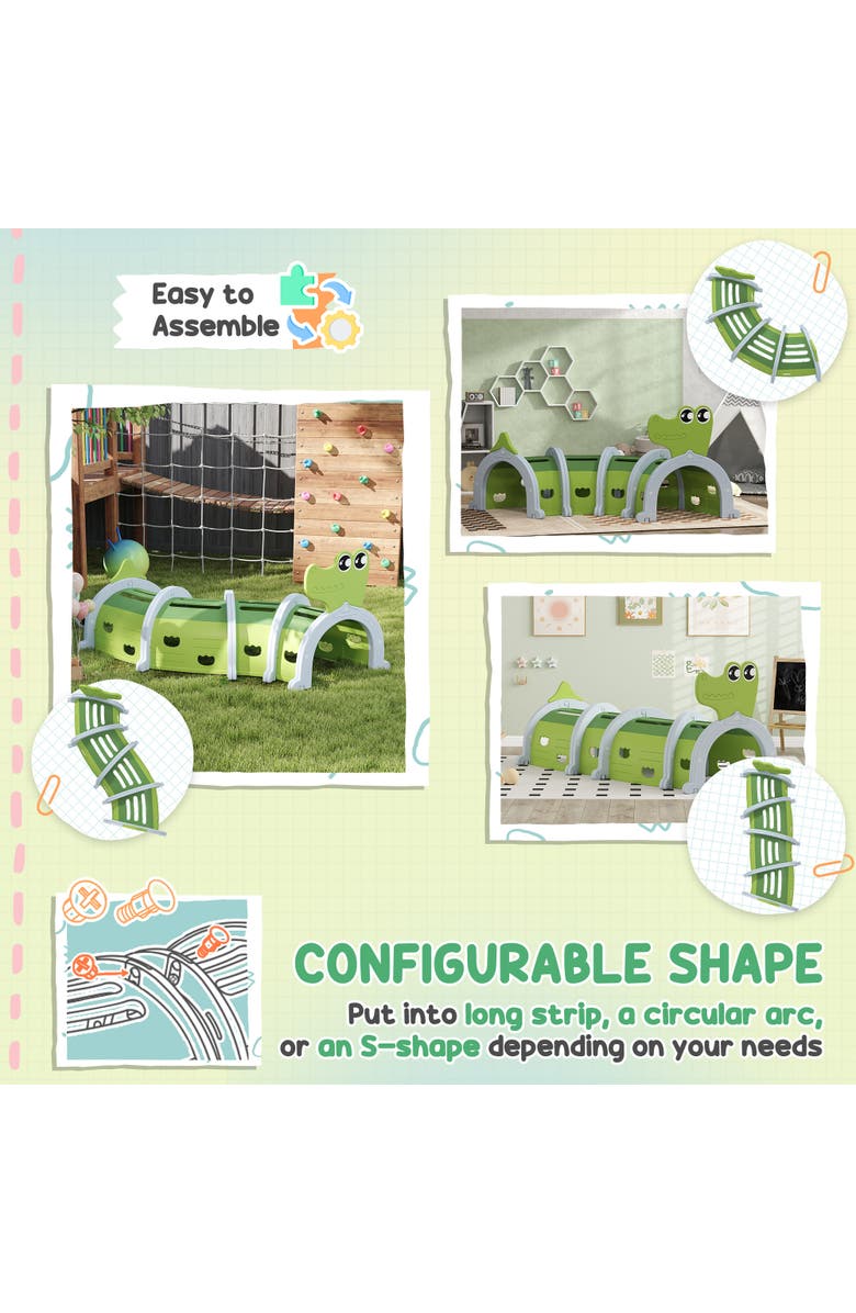 Qaba Kids Play Tunnel with Crocodile Design, Indoor/Outdoor, Alternate, color, Green