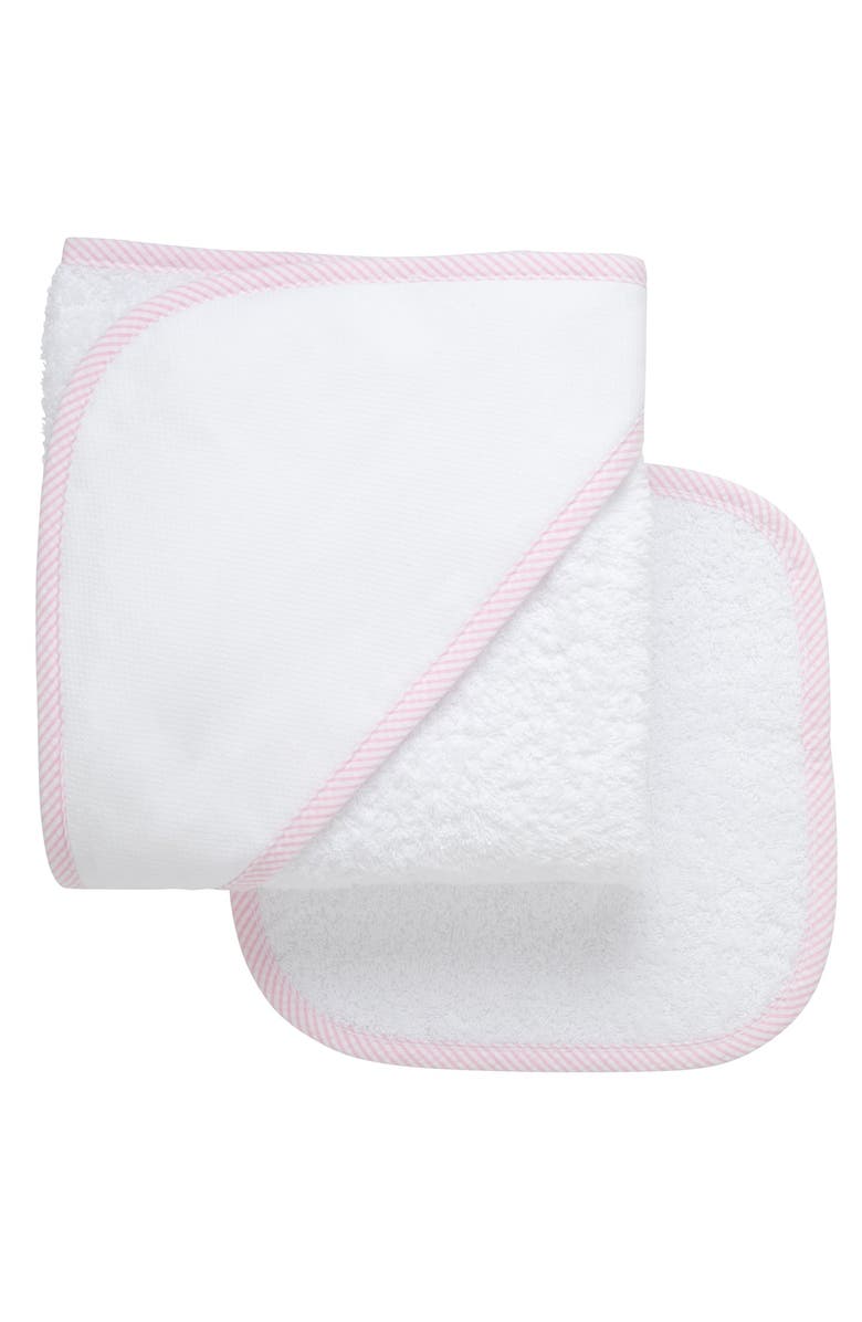 3 Marthas Seersucker Stripe Trim Hooded Towel & Washcloth Set, Main, color, Pink