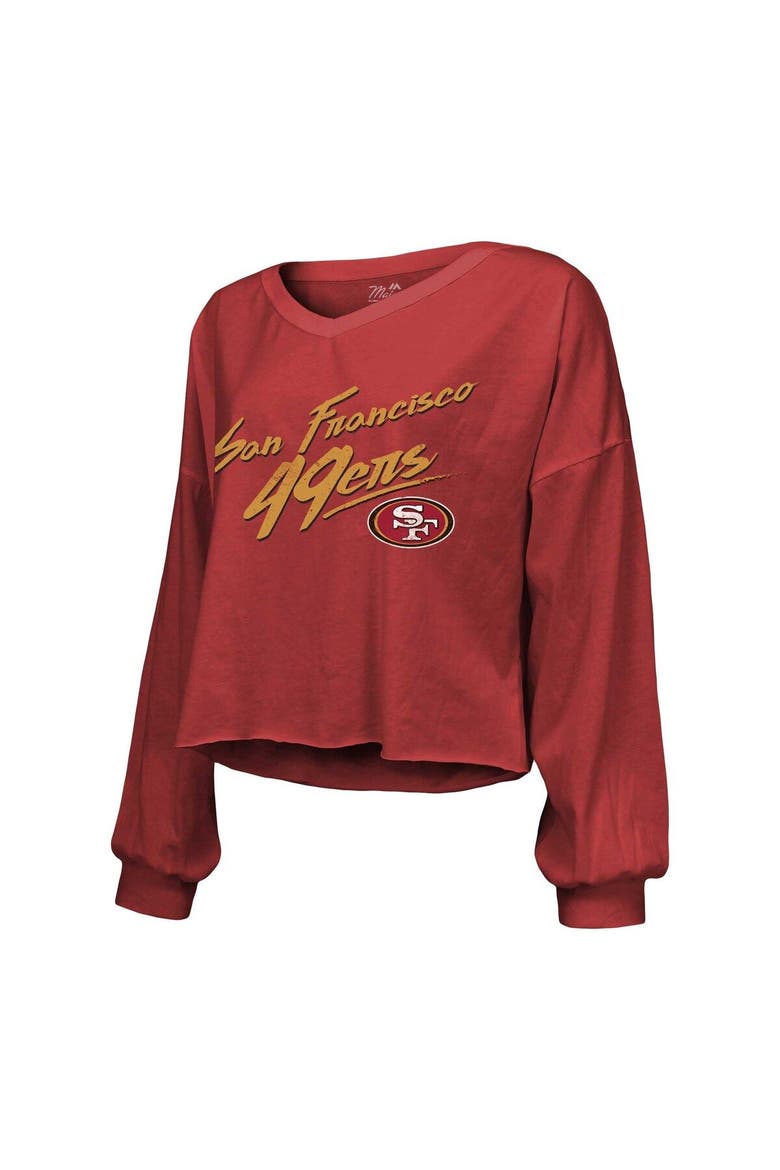 Women's Majestic Threads Christian McCaffrey Scarlet San Francisco 49ers Name & Number Off-Shoulder Script Cropped Long Sleeve V-Neck T-Shirt, Alternate, color, Scarlet