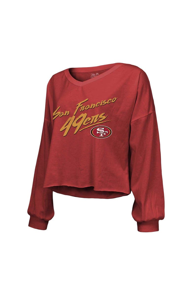 Majestic Threads Women's Majestic Threads Christian McCaffrey Scarlet San Francisco 49ers Name & Number Off-Shoulder Script Cropped Long Sleeve V-Neck T-Shirt, Alternate, color, Scarlet