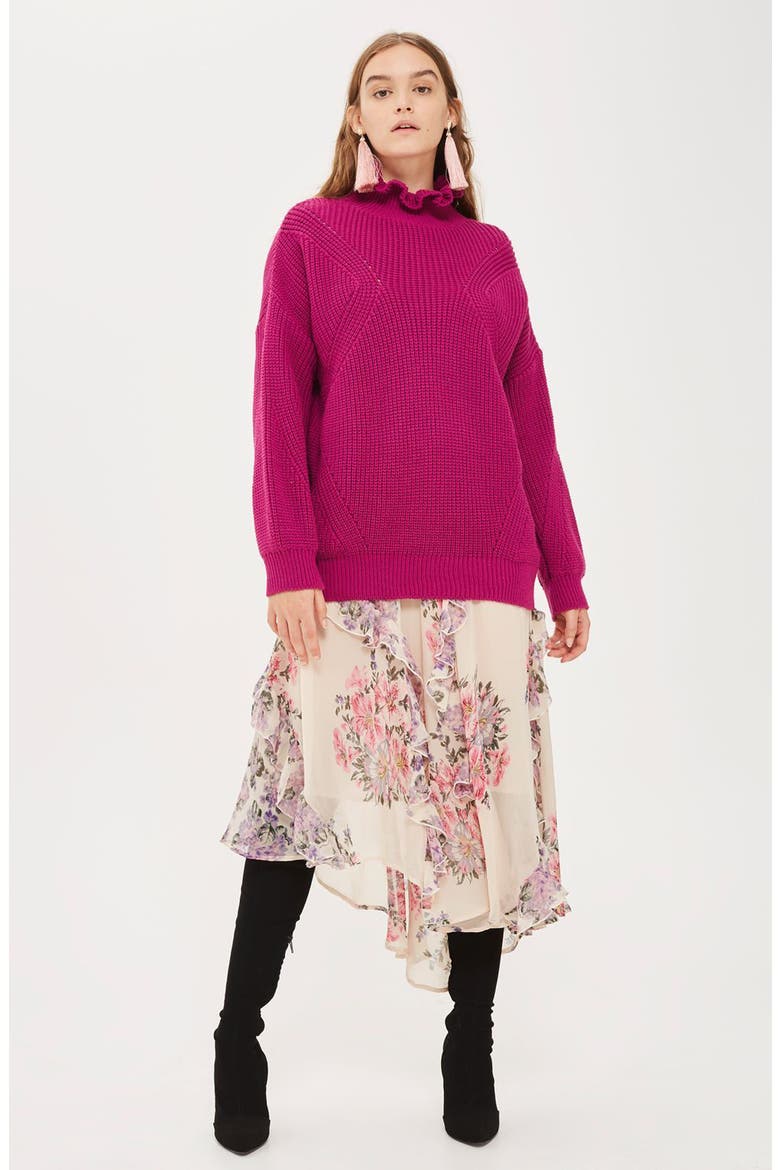 Frill Neck Sweater, Alternate, color, BRIGHT PINK