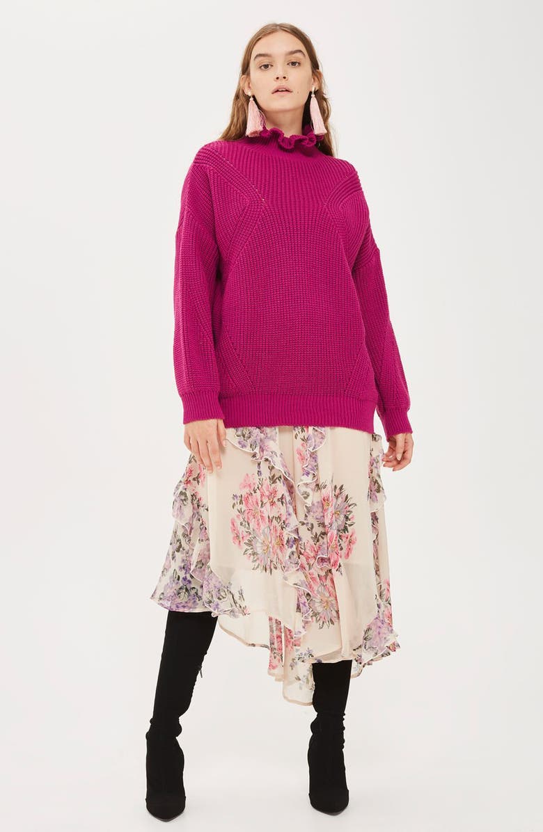 Topshop Frill Neck Sweater, Alternate, color, Bright Pink
