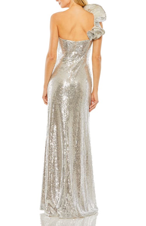 Mac Duggal 68513 Long Ruffled One Shoulder Prom Dress In Nude Silver