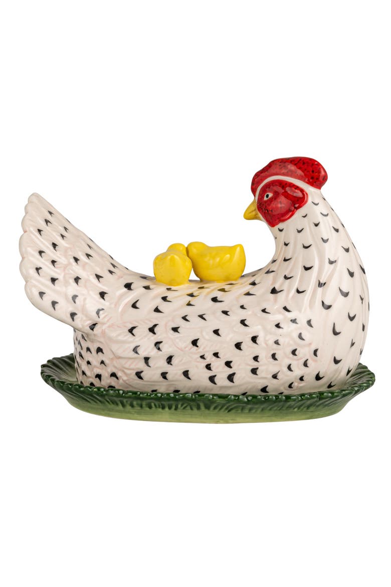 Vintage Reproduction Hen Shaped Butter Dish with Chicks, Alternate, color, White
