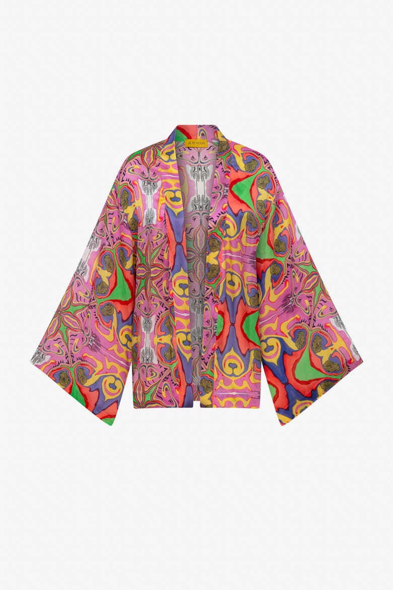 Psychedelic Printed Blushwave Short Caftan, Alternate, color, Pink