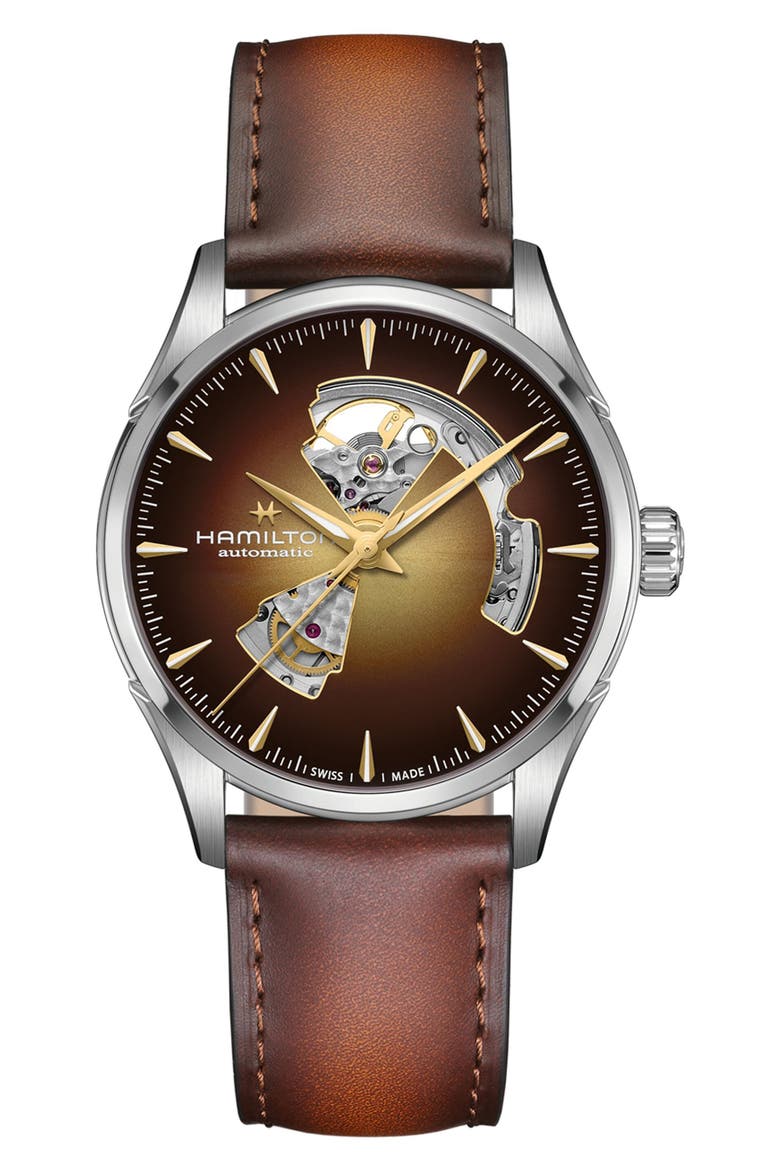Jazzmaster Open Heart Automatic Leather Strap Watch, 42mm, Main, color, BROWN