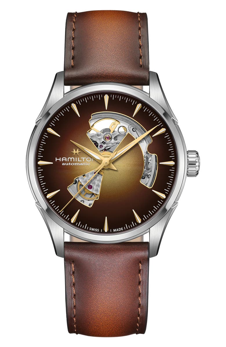Hamilton Jazzmaster Open Heart Automatic Leather Strap Watch, Main, color, Brown
