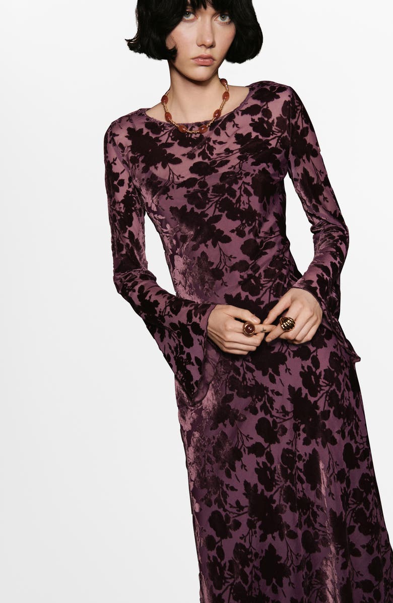 MANGO Floral Burnout Velvet Long Sleeve Maxi Dress, Alternate, color, Burgundy
