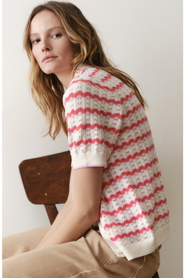 Piper Stripe Pointelle Stitch Cotton Button-Up Shirt, Alternate, color, WARM WAVE