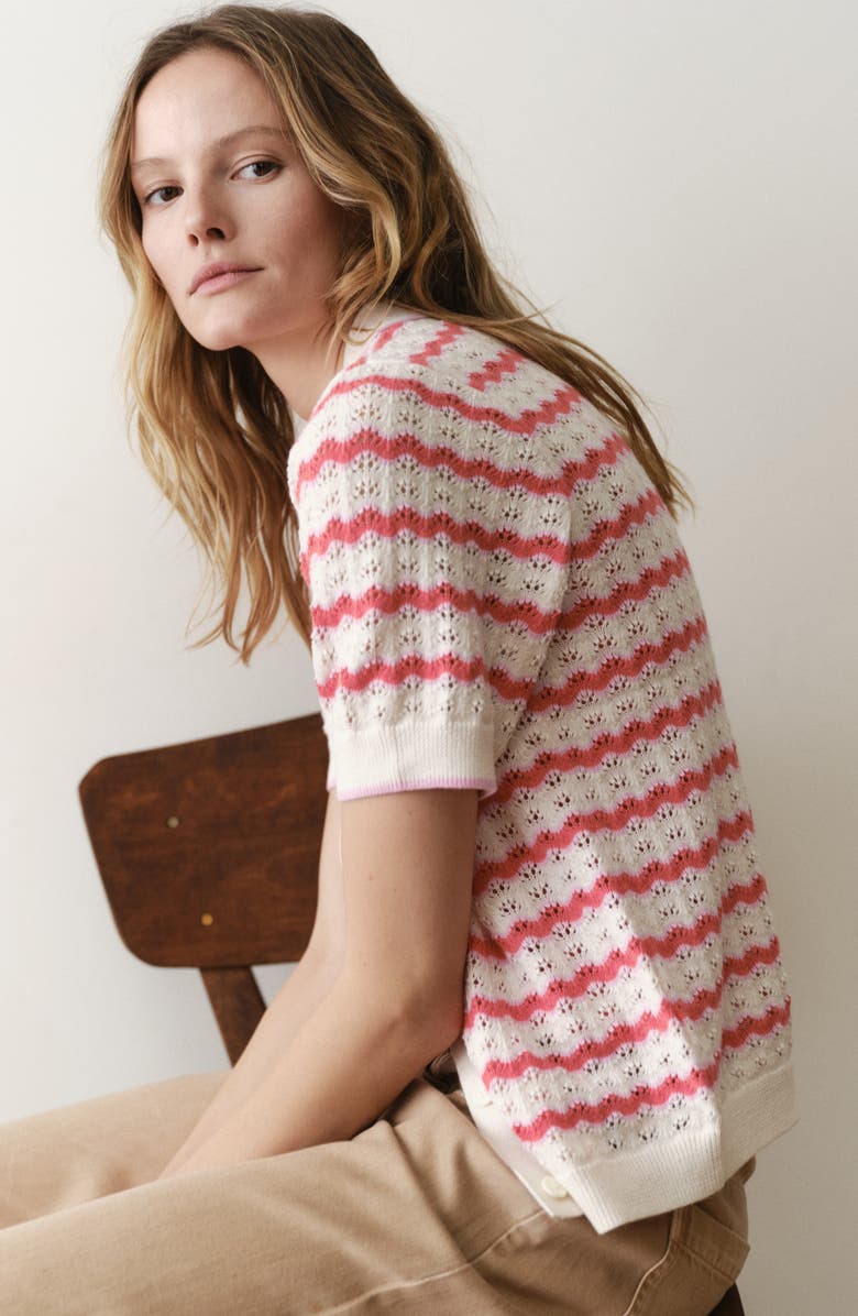 Marine Layer Piper Stripe Pointelle Stitch Cotton Button-Up Shirt, Alternate, color, Warm Wave