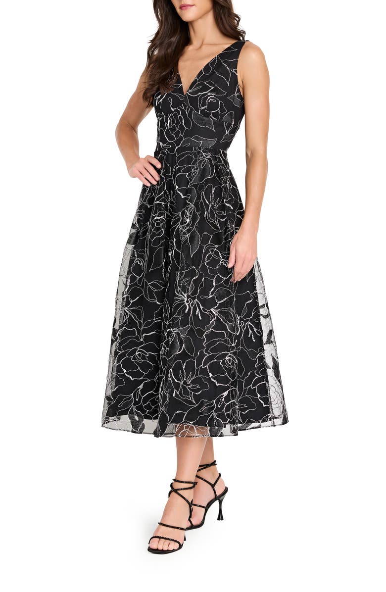 Tahari ASL Metallic Soutache Floral Lace Cocktail Midi Dress, Alternate, color, Black Silver