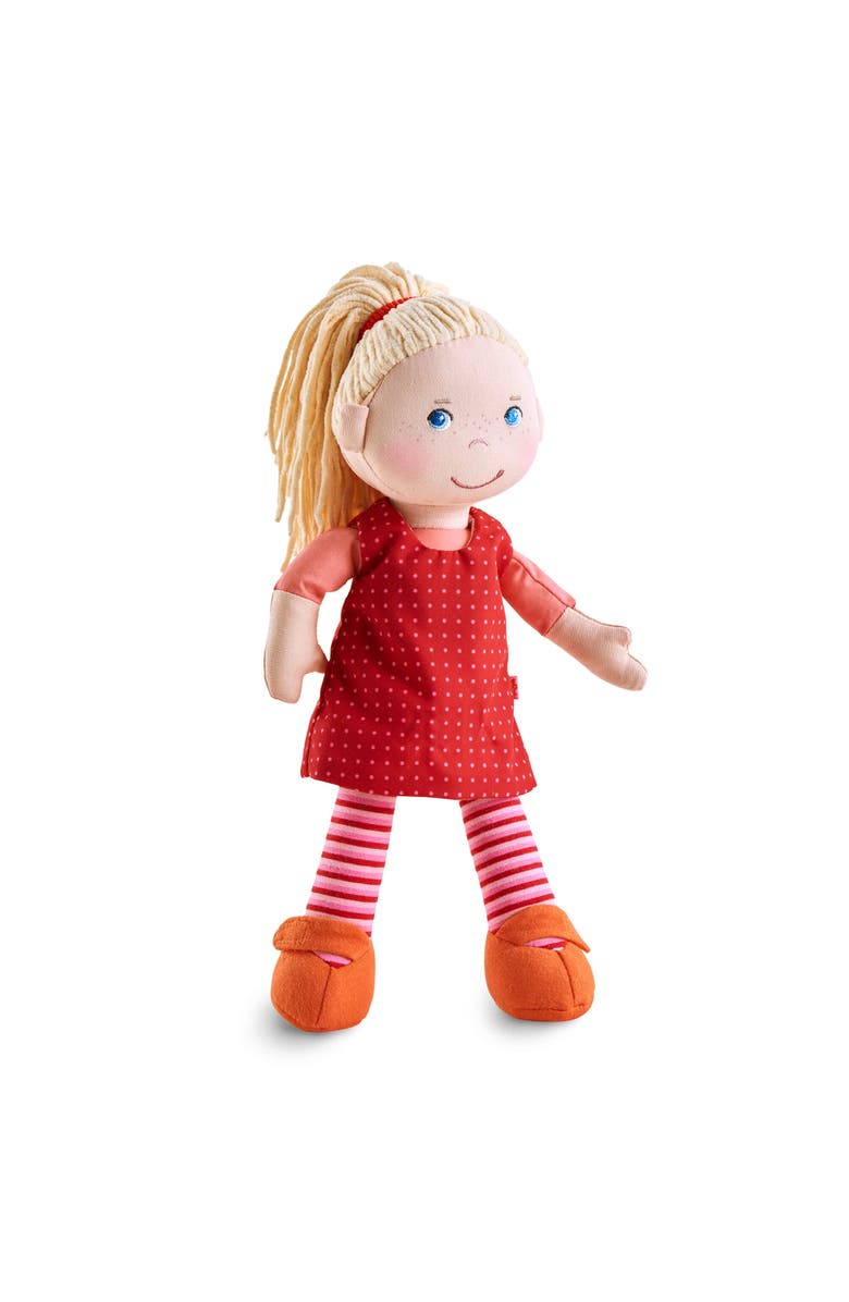 HABA 12" Soft Baby Doll Annelie with Blonde Hair, Embroidered Face, Removable Red Dress and Matching Hairband - Washable Toddler Doll for 18 Months+, Main, color, Red Multi