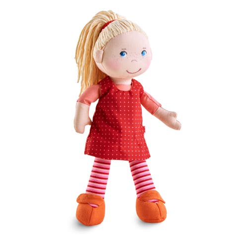 12" Soft Baby Doll Annelie with Blonde Hair, Embroidered Face, Removable Red Dress and Matching Hairband - Washable Toddler Doll for 18 Months+
