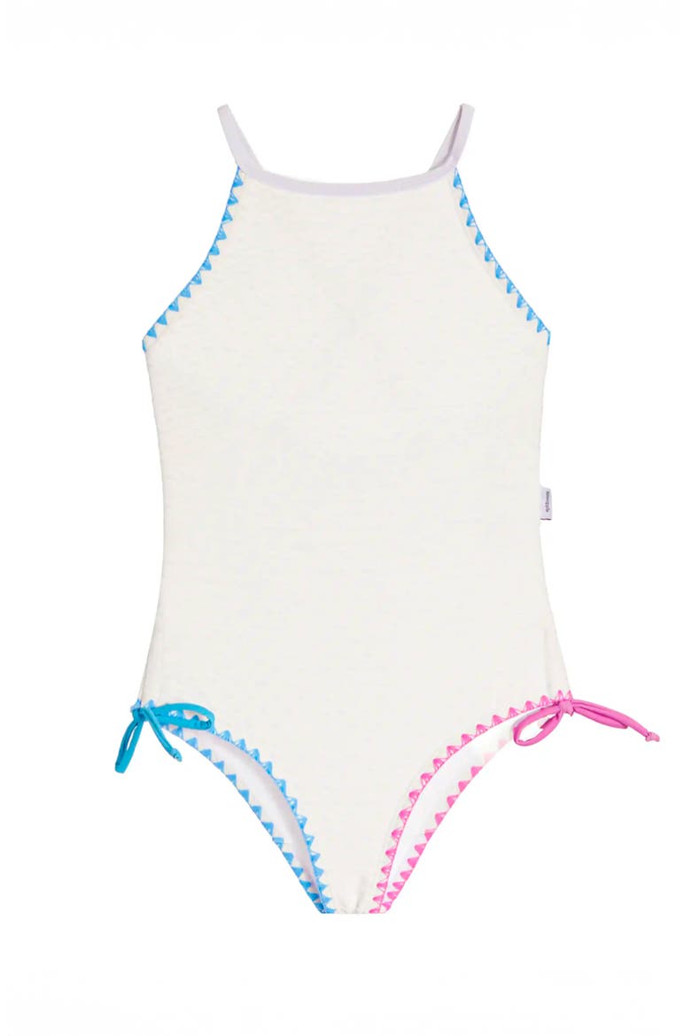Embroidered Trim One Piece Swimsuit, Alternate, color, White