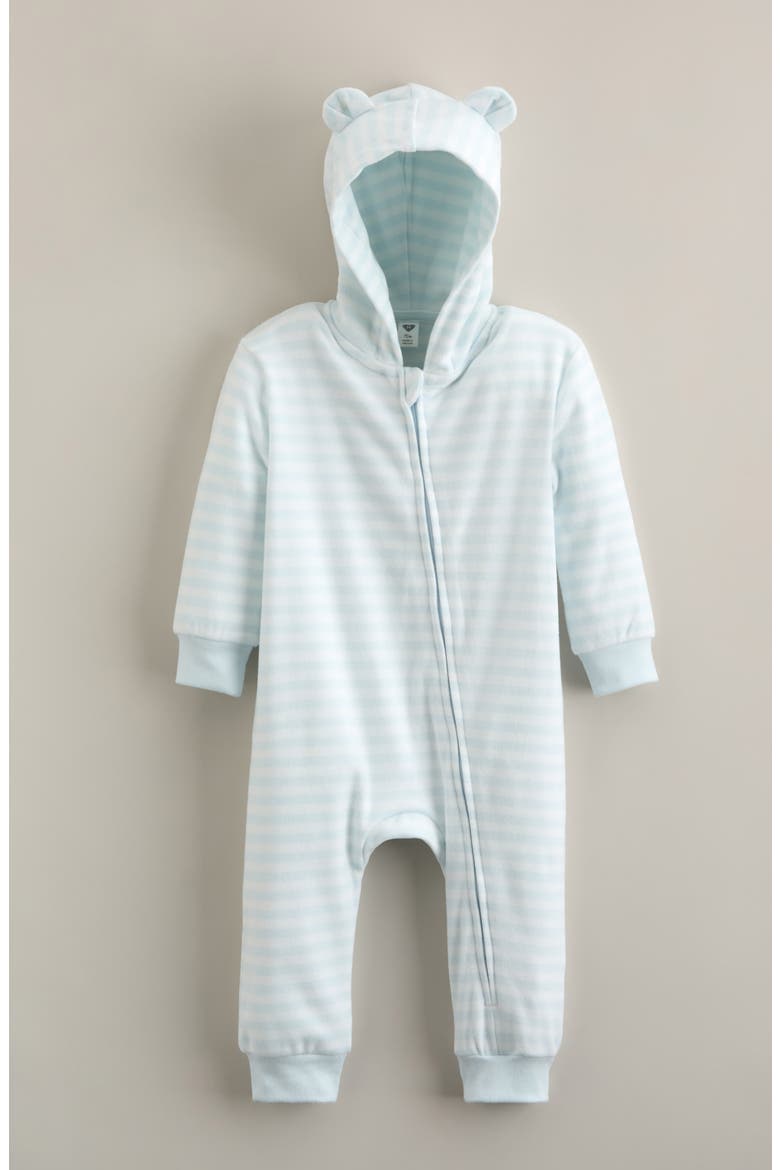 Stripe Hooded Long Sleeve Romper, Main, color, BLUE FADE SHEA STRIPE